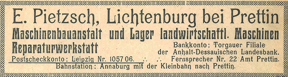 E. Pietzsch, Maschinenbauanstalt und Lager landwirtschaftl. Maschinen